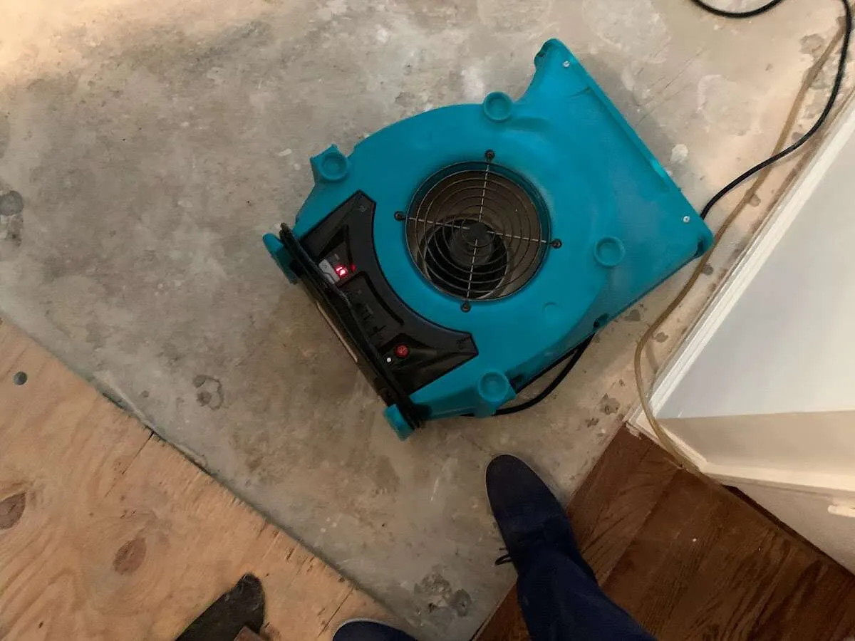 Air mover drying subfloor during Leak Detection & Repair in Morrisville
